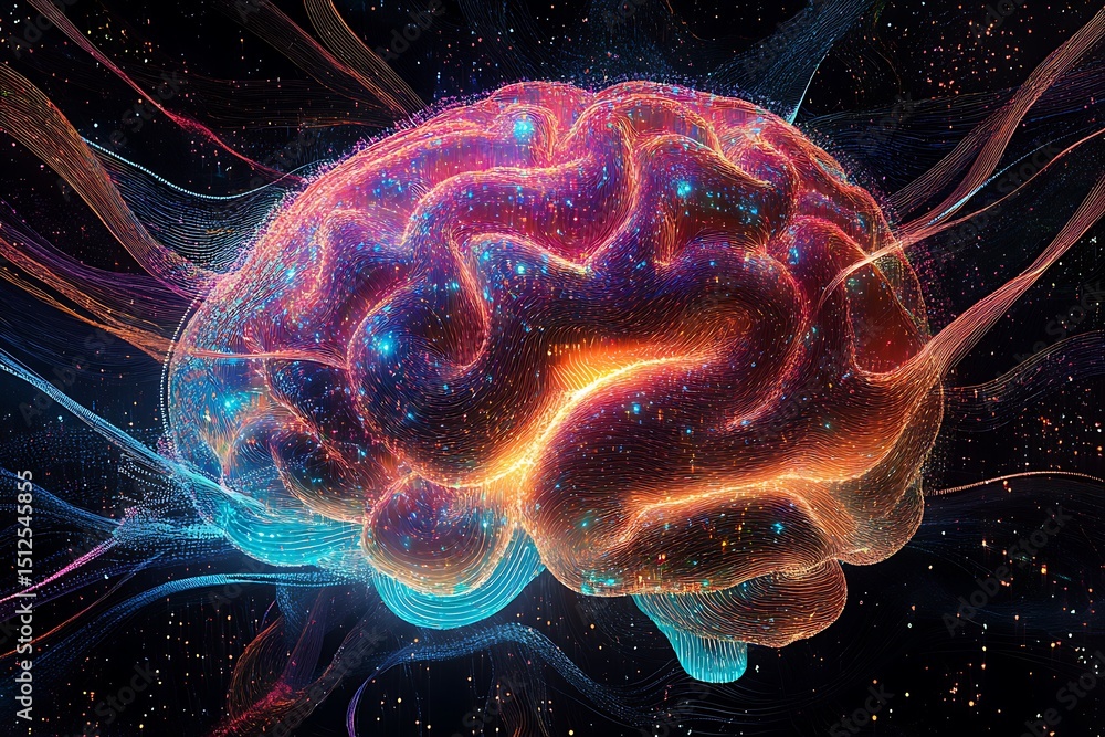 Poster vortex-shaped ai network brain, spiraling data lines and multicolored energy cores, cosmic sci-fi fe