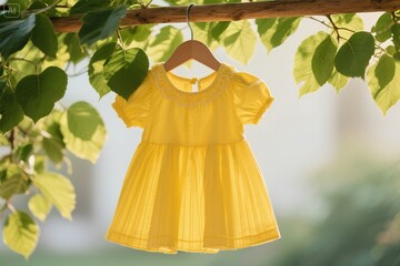 Yellow Pleated Child's Dress Hanging on Wooden Hanger with Green Leaves
