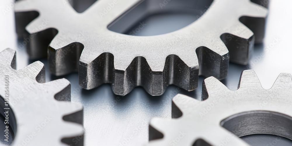 Poster close-up of metallic gears in interlocking arrangement.