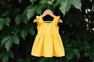 Yellow Pleated Child's Dress Hanging on Wooden Hanger with Green Leaves
