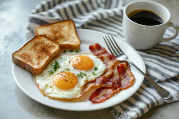 Homemade American breakfast. Scrambled eggs with bacon and toast, a cup of coffee and a fork on a white table. Healthy breakfast. The concept of healthy eating
