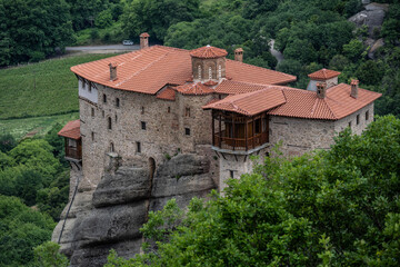 ancient churches in the remote mountains of the Meteora Valley in Greece on a May day