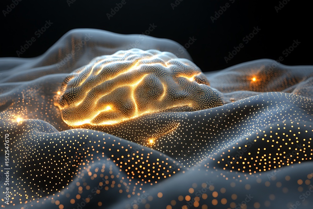 Poster zen-inspired minimalist brain diagram built from glowing points connected by soft curving digital li