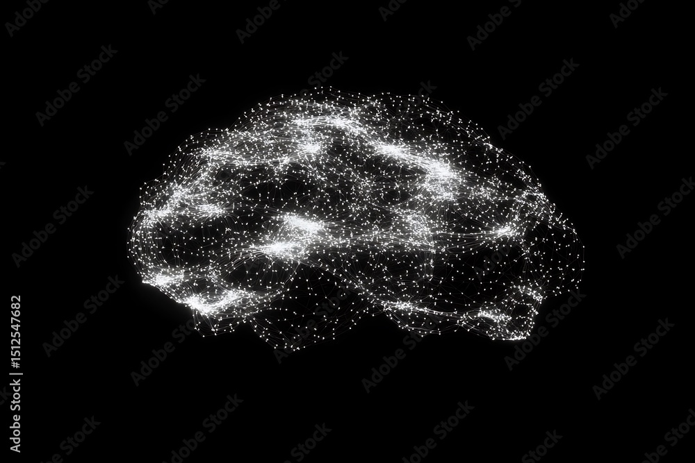 Poster zen-inspired minimalist brain diagram built from glowing points connected by soft curving digital li