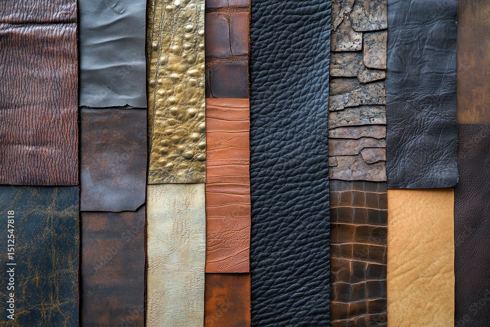 Poster exploring the intricate layered textures of various leather samples arranged for craft and design in