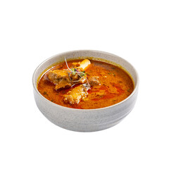 Indian Mutton Curry in a Grey Ceramic Bowl on a Transparent PNG Background