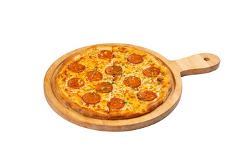 Authentic Pepperoni pizza on a wooden platter on a Transparent PNG Background