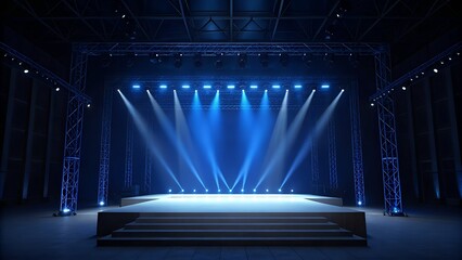 Empty concert stage with blue lighting and trussing system