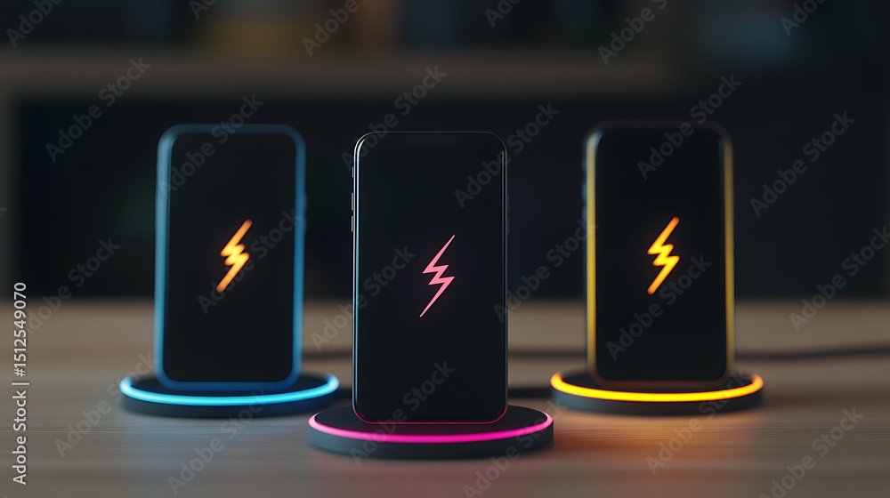 Aufkleber three phones are displayed on a desk. each phone is a different color and is displayed charging on a