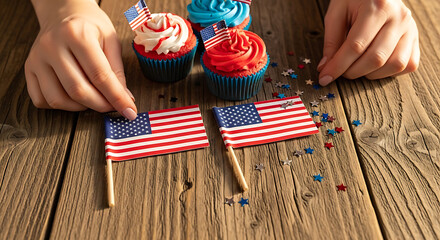 Creating festive cupcakes with American flags for a celebration