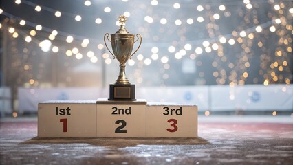 Gold trophy on winners podium at night with lights