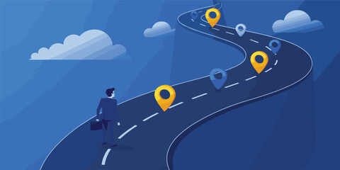 Success roadmap journey, milestone or career path achievement, route or pathway to achieve goals, accomplishment, assessment or way to success,