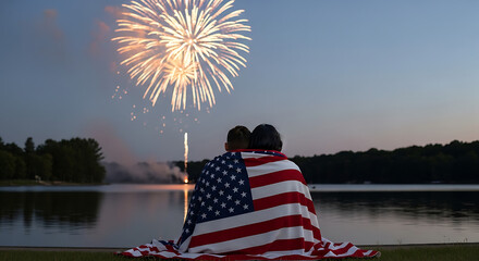 Couple watching fireworks by the lake while wrapped in American flag