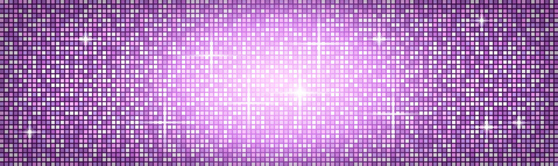Disco ball mosaic. Vector pattern of disco party, glitter effect, glowing neon purple and pink dot lights. Pixelated texture background for party decoration, night club, web, concert hall, television