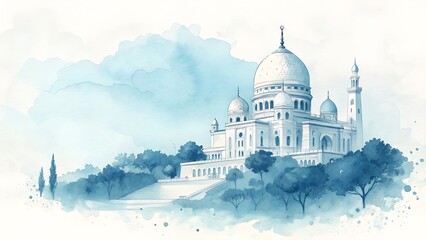 Serene watercolor painting of a majestic white mosque