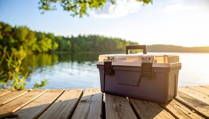 A tackle box rests on the corner edge of a weathered wooden dock overlooking a calm, peaceful lake at sunrise—fishing gear neatly arranged, capturing a quiet, cinematic moment of outdoor serenity