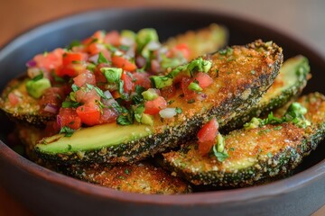 A creative dish of avocado fries, breaded and baked, served with a spicy salsa