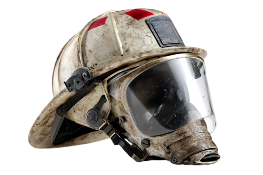 Worn Firefighter Helmet with Transparent Visor Isolated on Transparent PNG Background Stock Photo