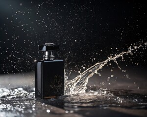Black Perfume Bottle with Splashing Liquid and Dramatic Lighting Effects
