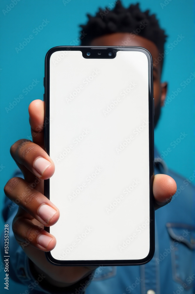 Poster A person holding up a smartphone with a blank screen, useful for representing technology or communication concepts