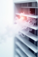 A broken air conditioner with smoke emitting from it, potentially indicating a malfunction or overheating
