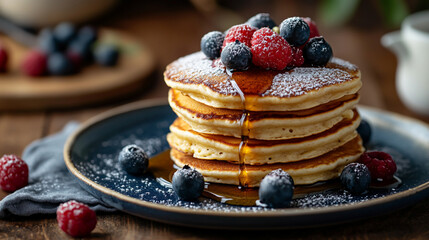 Stack of pancakes with berries and syrup on a blue plate with a wooden background for a tasty treat