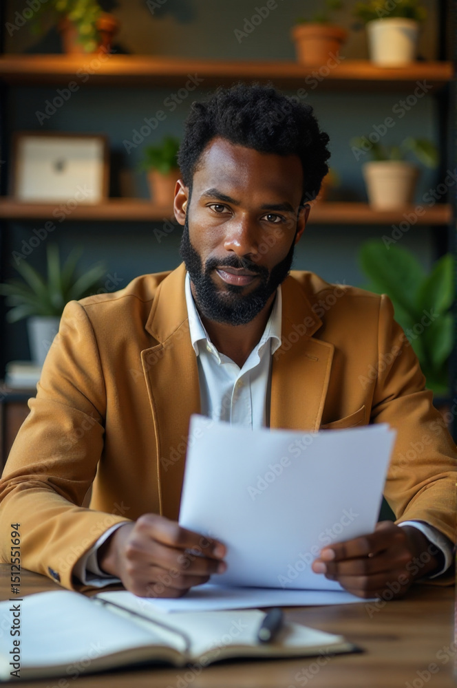 Poster a person sitting at a table holding a document, possibly reading or studying