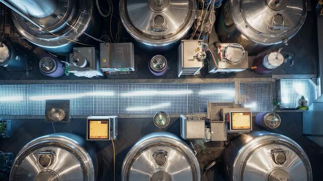 Gleaming stainless steel tanks, intricate pipework, and digital control panels revealing precision engineering within brewery production environment