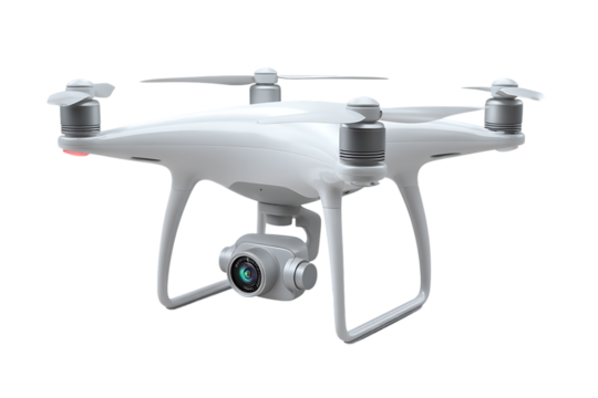 Isolated White Drone Unmanned Aerial Vehicle with Camera on Transparent Background PNG