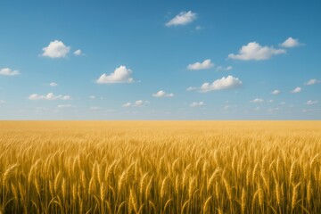 Obraz premium Golden wheat field growing under blue sky with white clouds