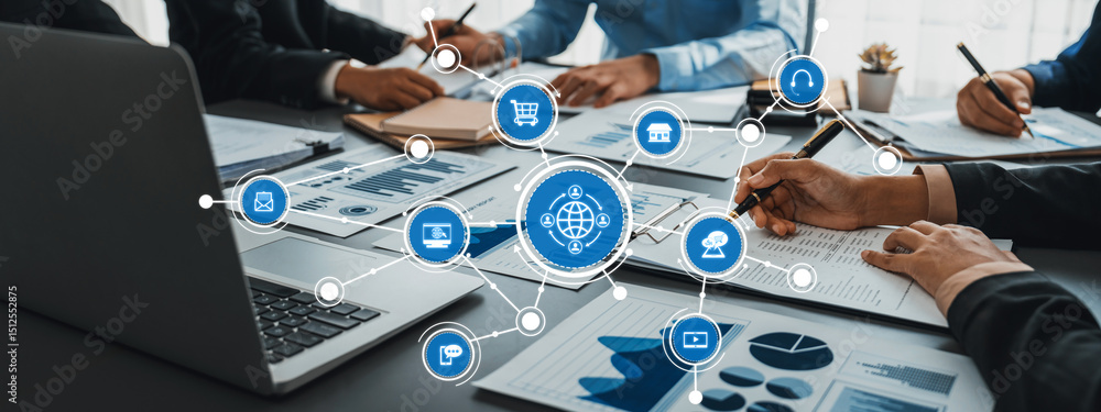 Poster a dynamic business meeting showcasing technology graphics and data analysis tools, emphasizing teamw
