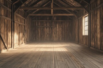 Sunlight streaming through a window illuminates the interior of a rustic barn with wooden walls and floor, showcasing a serene and untouched atmosphere