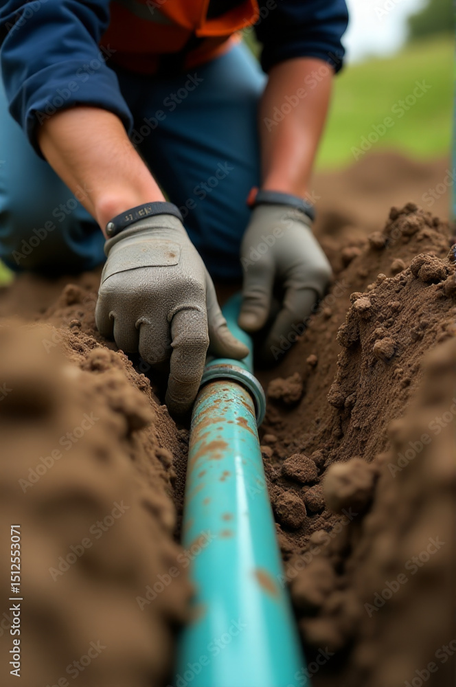 Poster A person fixing a pipe in the ground with manual tools
