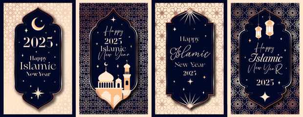 Islamic greeting card set luxury style for poster, holiday cover with mosque, moon crescent, dune sands, arches windows vector
