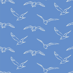 Seagulls seamless pattern. A flock of flying birds seamless pattern on a blue background. Hand drawn line art vector illustration for fabric, wrapping paper, packaging, nautical design, wallpaper.