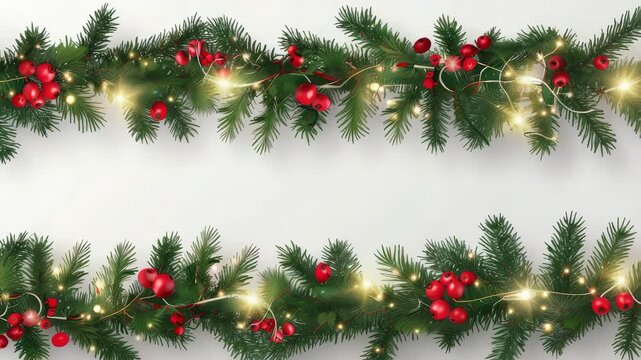 A festive composition featuring two rows of green Christmas garland with red berries and string lights against a white background, embodying a celebratory, holiday spirit.