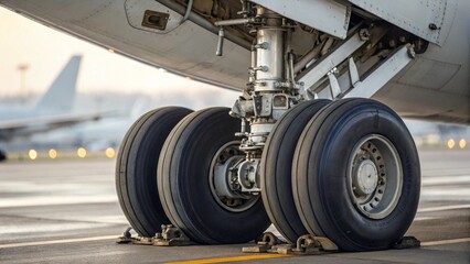 Airplane Main Landing Gear Close Up Heavy Duty Tires and Hydraulic Details