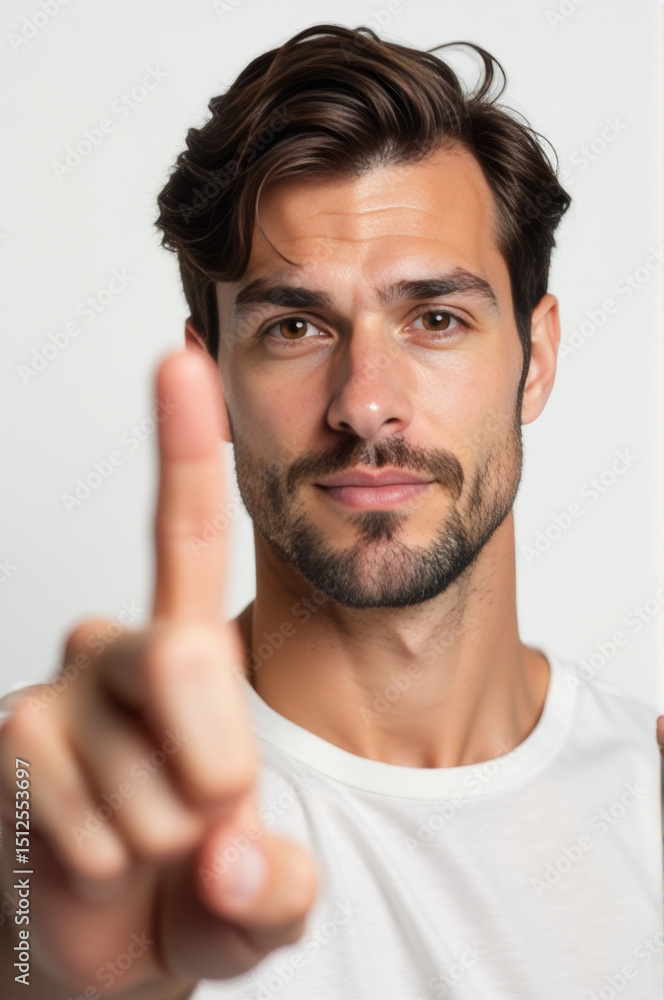 Poster A person indicating something with their index finger, possibly trying to get attention or point out an important detail