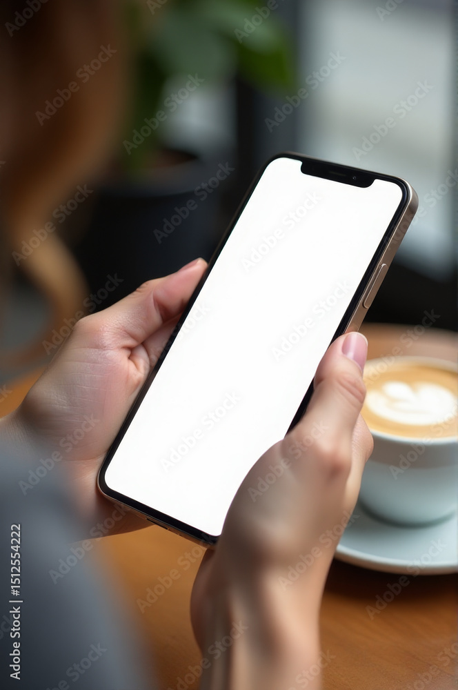 Poster a person holds a cell phone with a blank white screen, ready for use