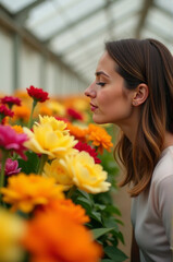 Naklejka premium A person looking at flowers in a controlled environment with a glass roof and walls