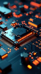 Obraz premium Close up of a computer chip with a bright orange glow. The chip is a microprocessor