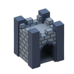 Gray brick medieval building isometric style fortress. 3d rendering.