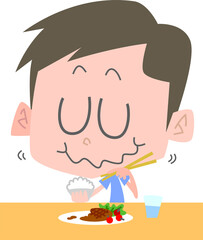 もぐもぐと食事をする男性主線なし