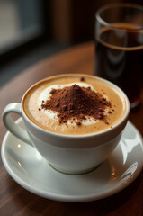 A cup of cappuccino sits on a saucer on a table, perfect for a morning pick-me-up