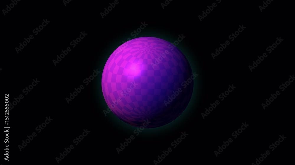 Poster animated purple sphere with checkered pattern and glowing edges on black background