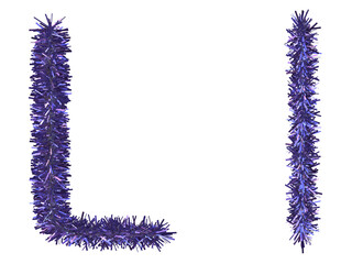 Shiny purple tinsel in letter L. 3d rendering.	
