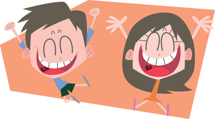 腕を上に上げて満面の笑顔の男女主線なし