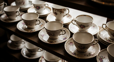 Vintage china tea cups and saucers displayed on a wooden shelf