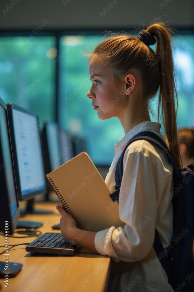 Poster a young girl sits at a desk with an open book, likely doing homework or reading for pleasure