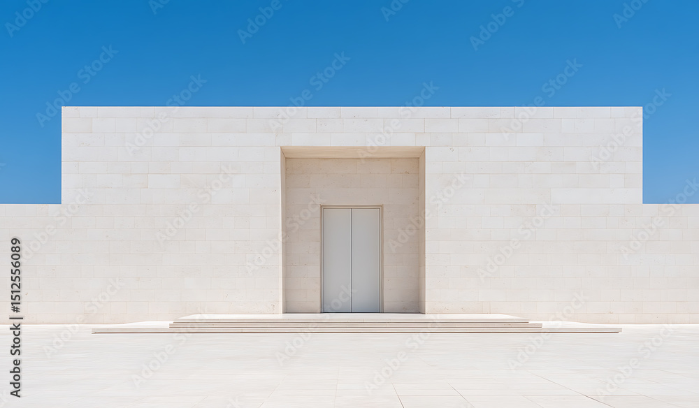 Poster geometric architecture meets minimalist design under a serene blue sky, creating a captivating and m
